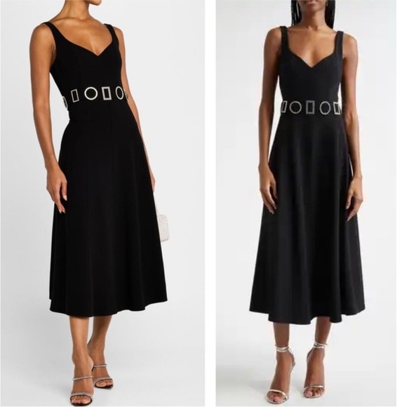 Cinq à Sept Eden Crystal-Embellished A-Line Crepe Cocktail Black Tie Midi Dress - Picture 2 of 12